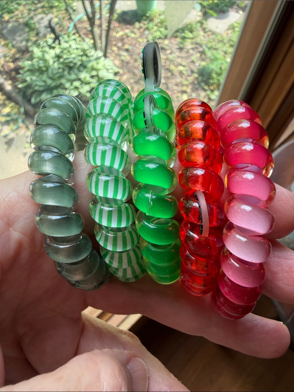Large Teleties Set of Women’s Stretch Bead Bracelets in Green, Red, and Pink